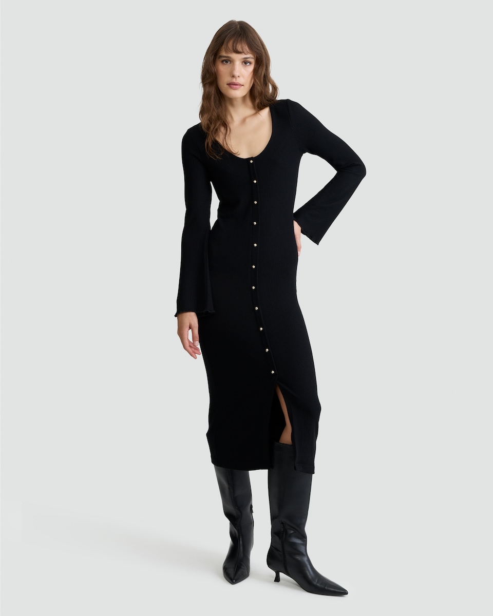 image 1 of F&F Ribbed Button Front Midi Dress in Black