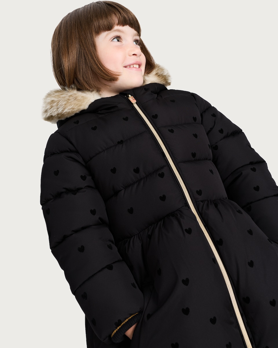 image 1 of F&F Girls Heart Print Faux Fur Hooded Puffer Coat in Black