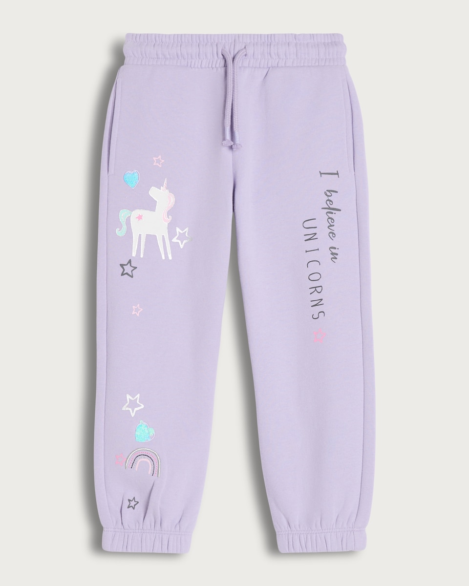 F&F Girls Cotton Rich I Believe in Unicorns Cuffed Joggers in Lilac