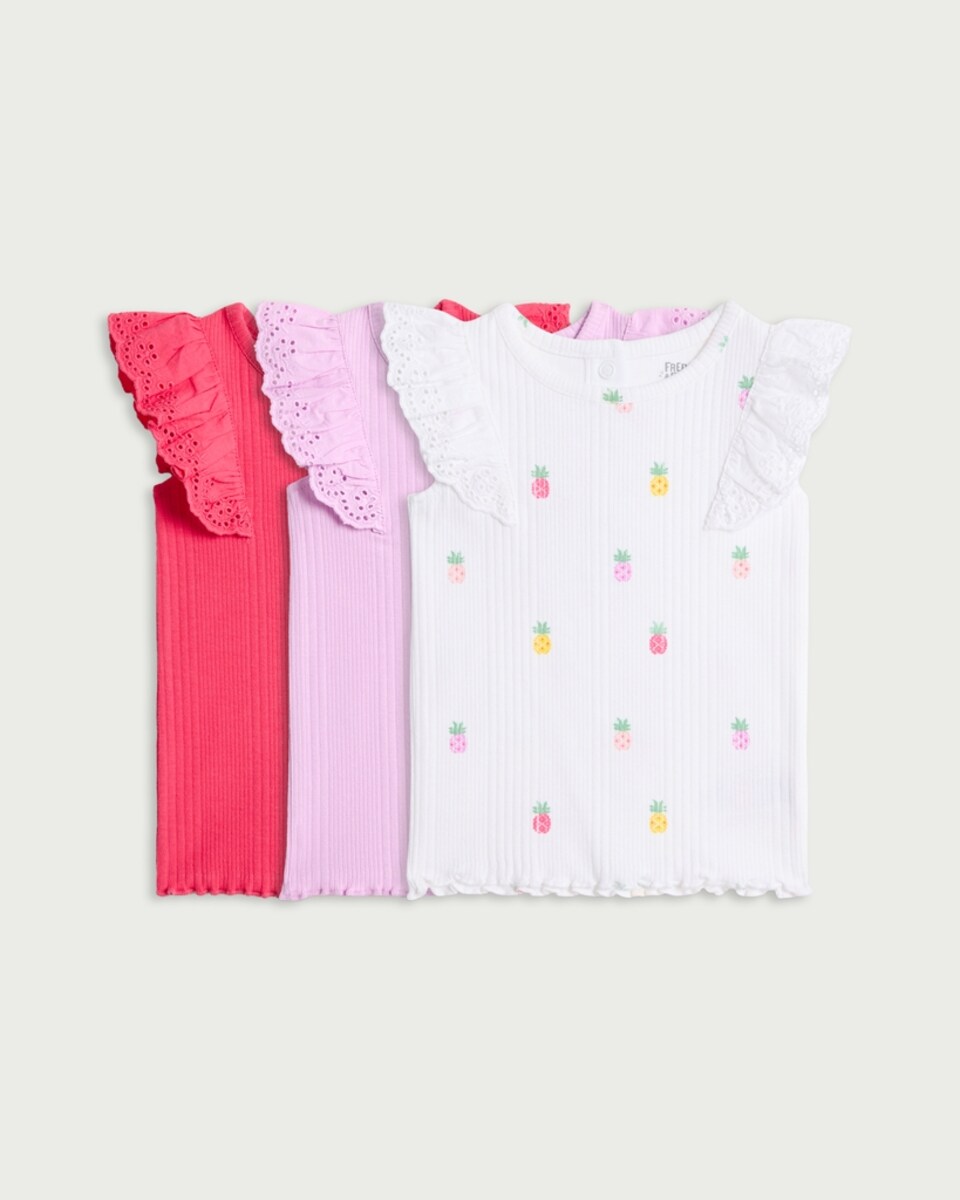 image 1 of F&F Baby 3-Pack Cotton Rich Pineapple Print Frill Sleeved T-Shirts in Pink