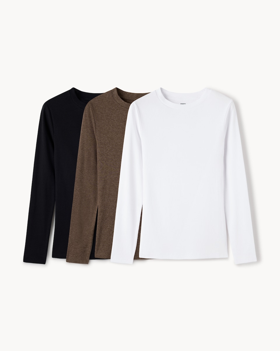 image 1 of F&F 3-Pack Cotton Rich Ribbed Long Sleeved Tops in Multi Black