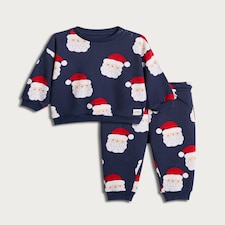 F&F Baby 2-Piece Cotton Rich Santa Print Sweatshirt and Joggers Set in Navy