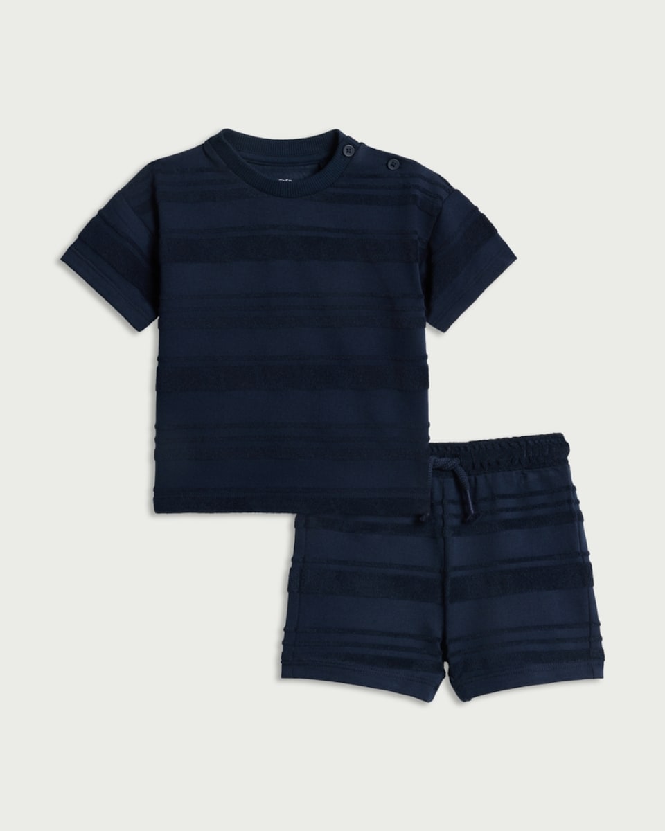 image 1 of F&F Baby 2-Piece Cotton Rich Textured Striped Top and Shorts Set in Navy