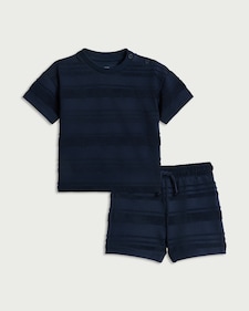 F&F Baby 2-Piece Cotton Rich Textured Striped Top and Shorts Set in Navy