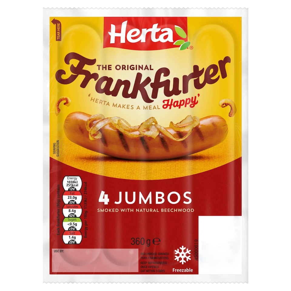 Herta Jumbo Frankfurters Hot Dogs 4 Pack 360g