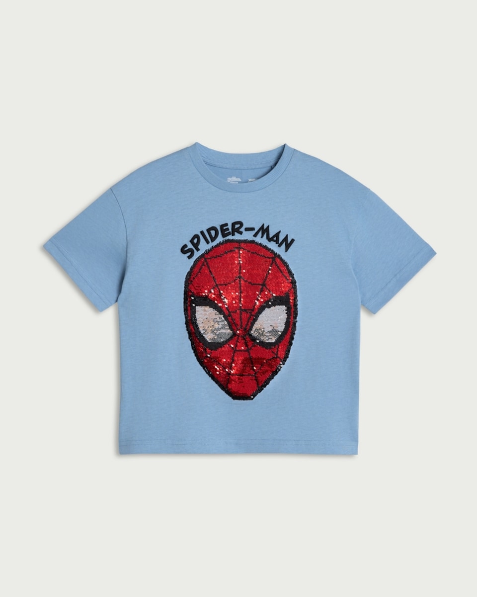 image 1 of Marvel Spider-Man Pure Cotton Sequin Embellished T-Shirt in Blue