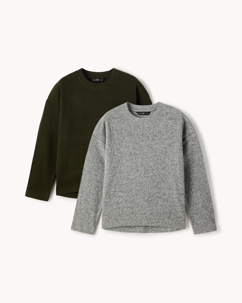 image 1 of F&F 2-Pack Brushed Dropped Shoulder Long Sleeved Tops in Multi Grey
