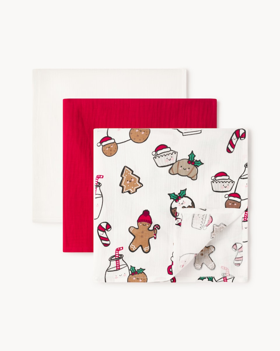 F&F Baby 3-Pack Pure Cotton Christmas Muslins in Red