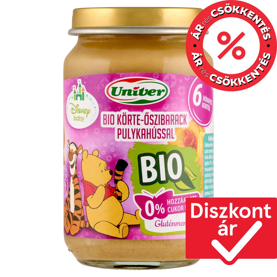 Univer Disney Baby bio körte-őszibarack pulykahússal bébiétel 6 hónapos kortól 163 g  1. kép