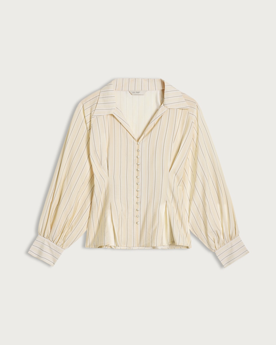 image 1 of F&F Stripe Print Cinched Waist Button Up Blouse in Neutral