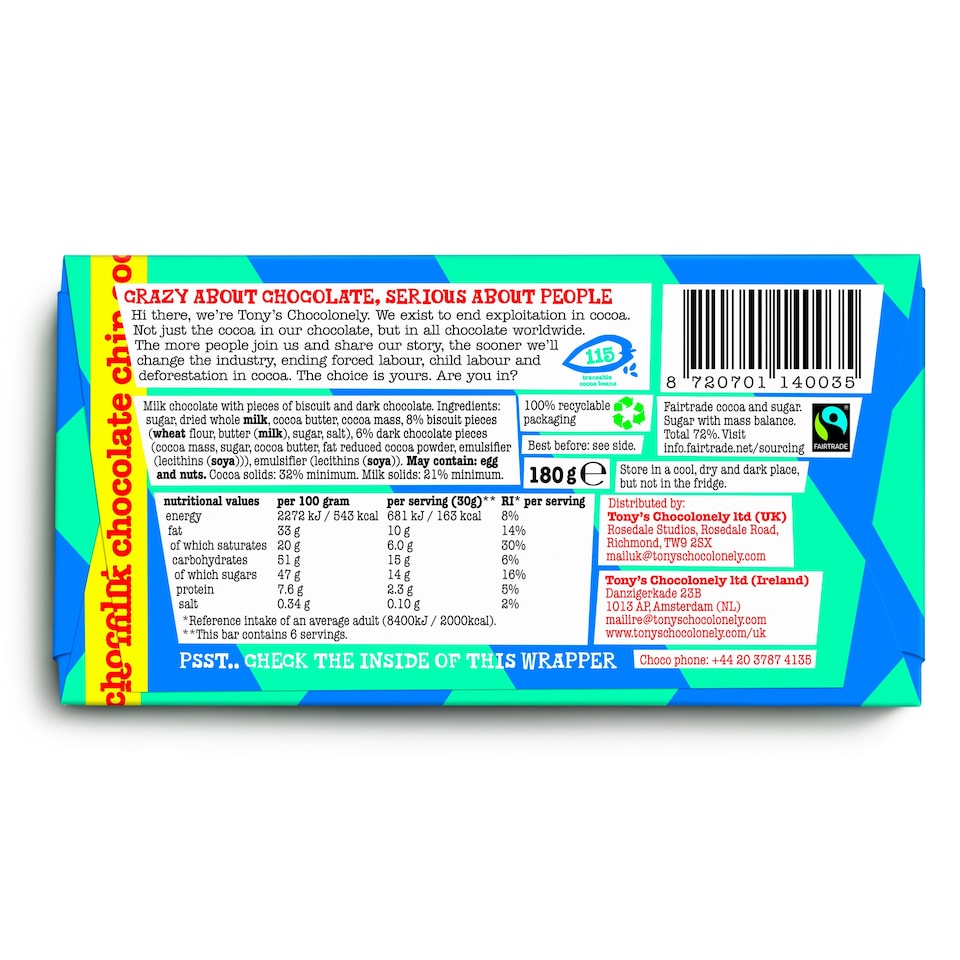 image 1 of Tony's Chocolonely Milk Chocolate Chip Cookie 180G