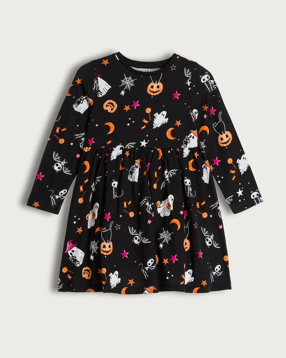 F&F Girls Pure Cotton Halloween Print Long Sleeved Dress in Black