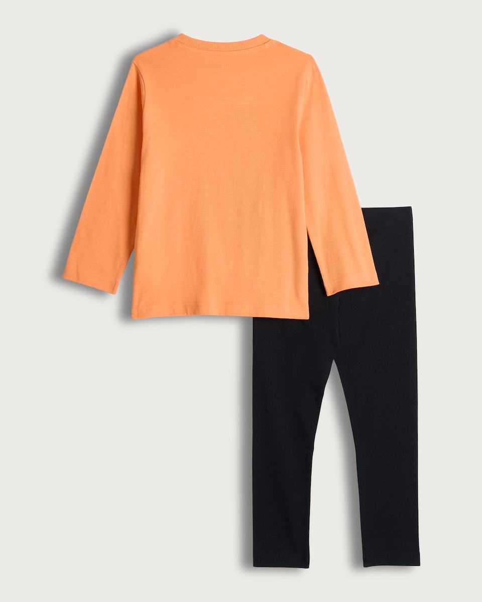 image 1 of F&F Boys Cotton Rich Spooky Skull Print Top and Leggings Set in Orange