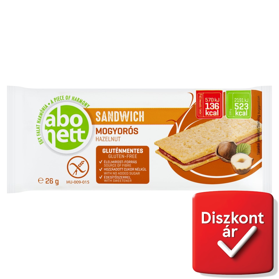 Abonett gluténmentes mogyorós szendvics édesítőszerrel 26 g  1. kép