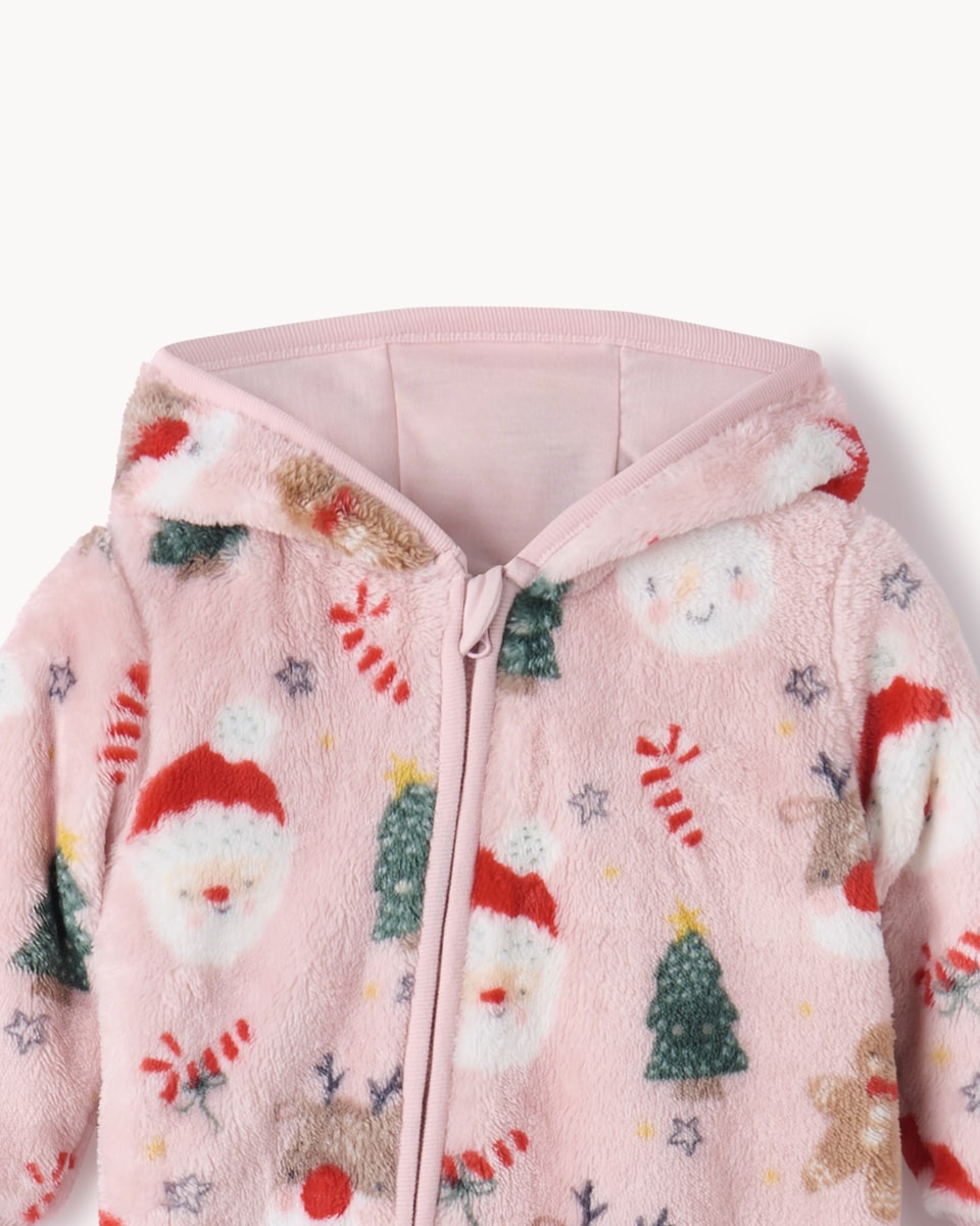 image 1 of Christmas Baby Fleece Printed Pramsuit in Pink