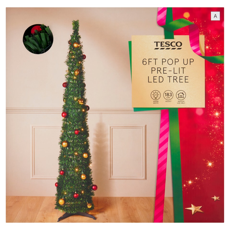 image 1 of Tesco 6FT Pop Up Traditional Pre Lit Christmas Tree