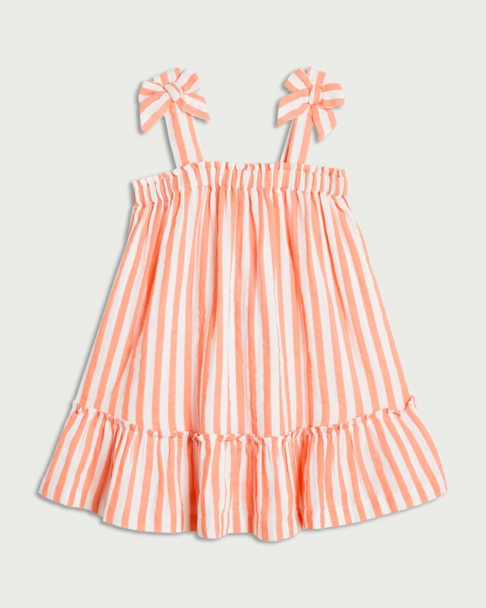 image 1 of F&F Girls Pure Cotton Striped Bow Strap Dress in Orange