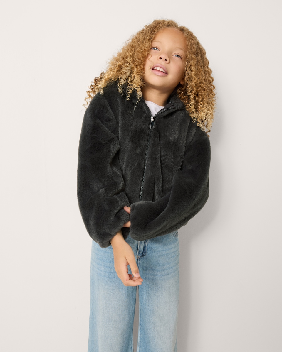 image 1 of F&F Girls Faux Fur Hooded Jacket in Grey