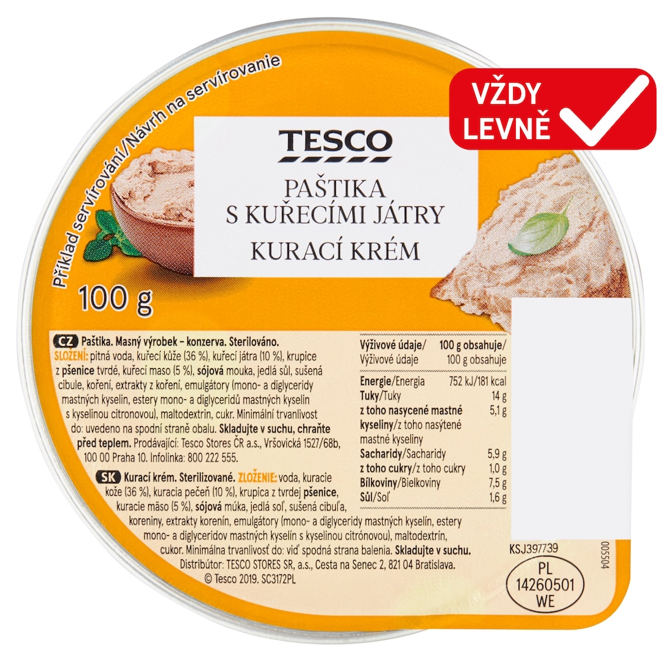 Tesco Paštika s kuřecími játry 100g
