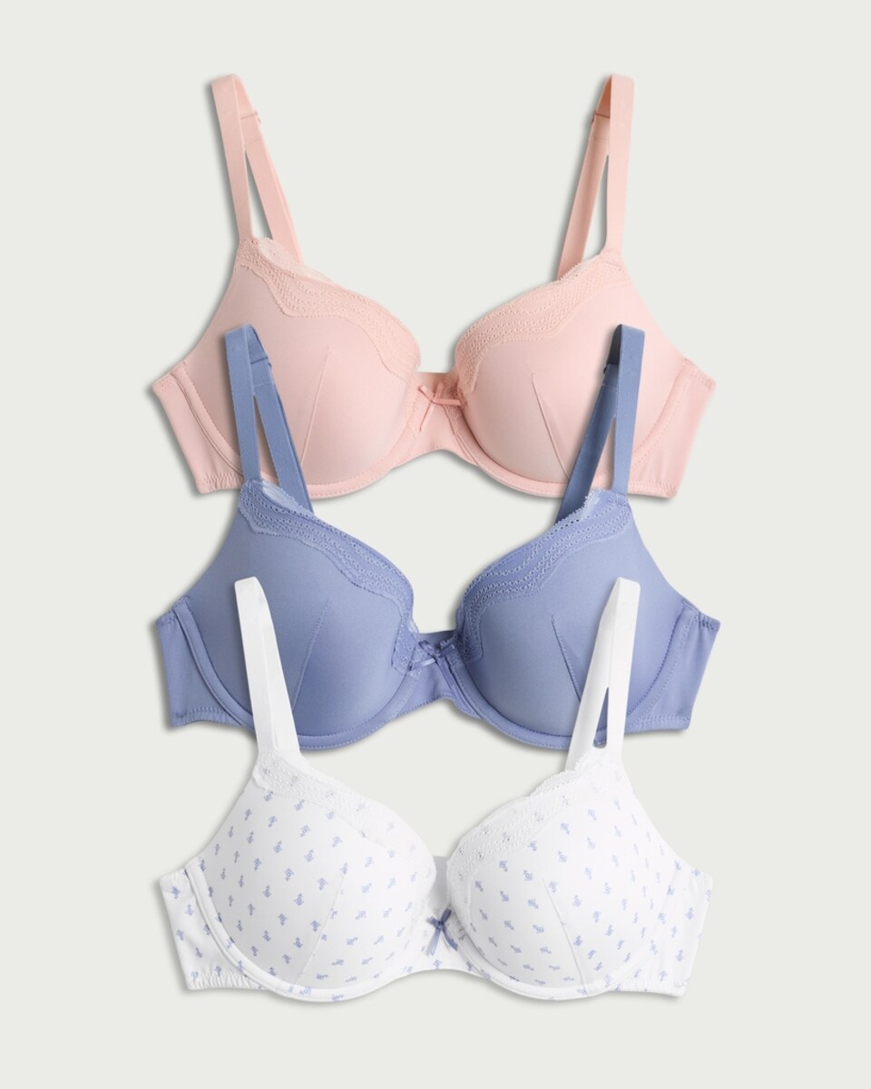 image 1 of F&F 3-Pack Printed Lace Trim Underwired T-Shirt Bras in Multi