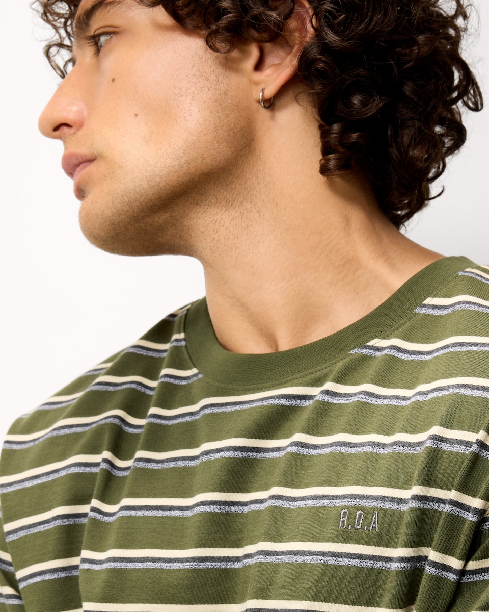 image 1 of RDA Pure Cotton Striped Short Sleeved T-Shirt in Green