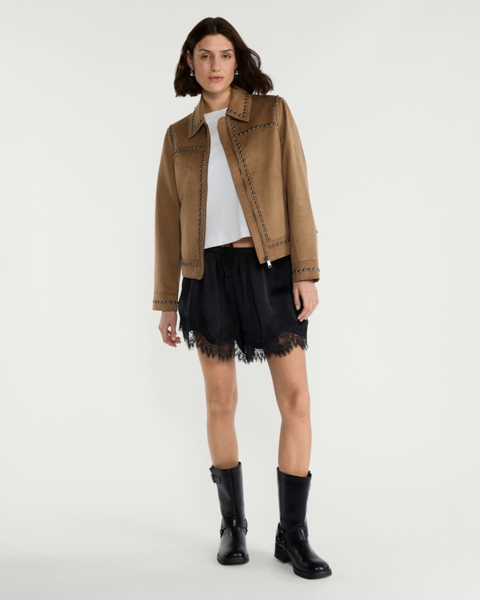image 1 of F&F Faux Suede Studded Zip Up Jacket in Brown