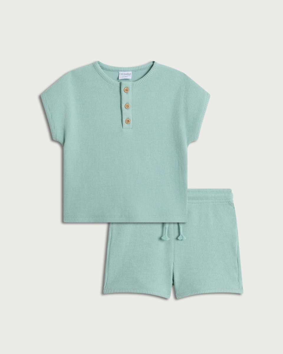 image 1 of F&F Baby 2-Piece Cotton Rich Textured Top and Shorts Set in Mint