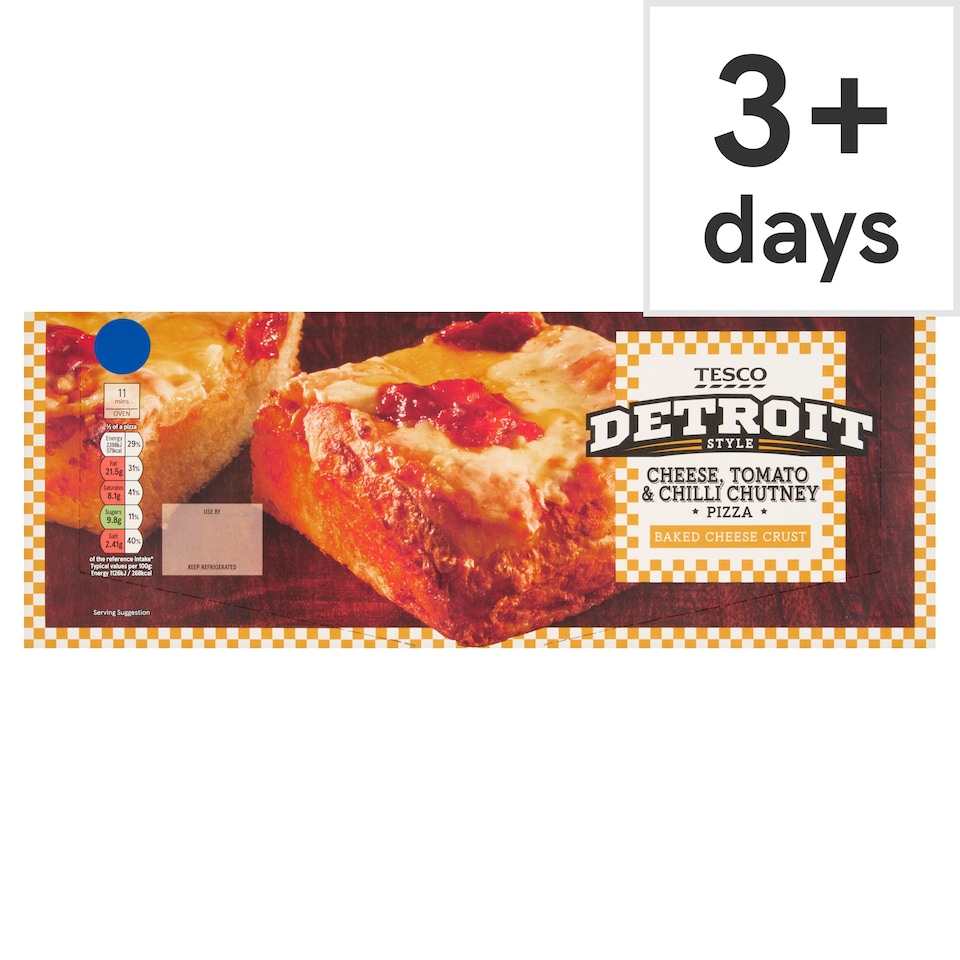 TESCO CHEESE & TOMATO & CHILLI CHUTNEY DETROIT STYLE PIZZA 450G
