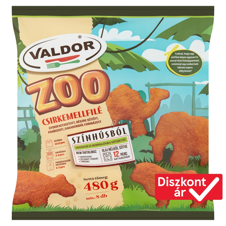 Valdor Zoo gyorsfagyasztott, készre sütött, panírozott, darabokból formázott csirkemellfilé 480 g  1. kép