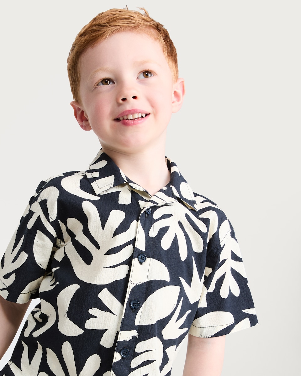 image 1 of F&F Boys Tropical Leaf Print Shirt and Short Set in Multi Black White