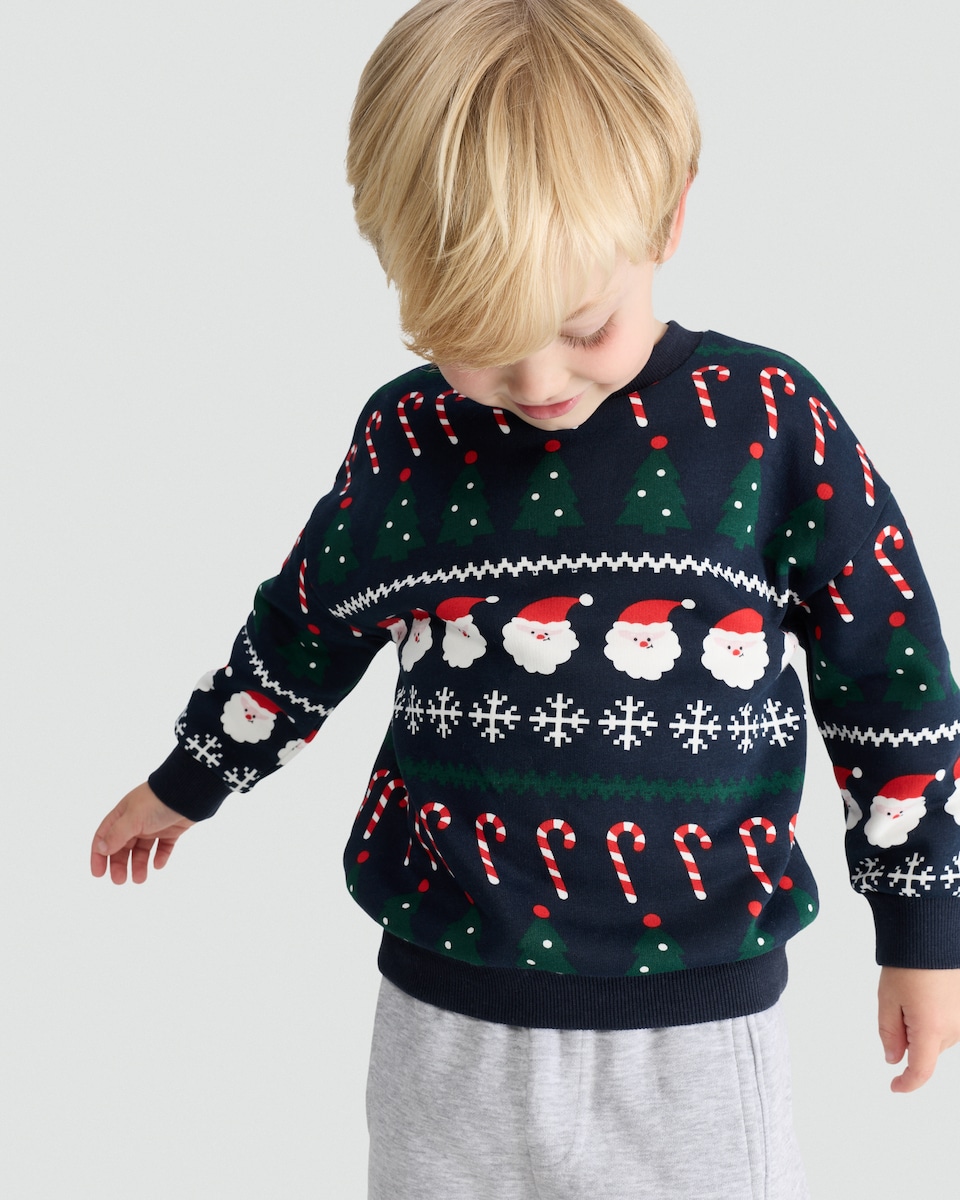image 1 of F&F Boys Cotton Rich Christmas Motif Jumper in Navy