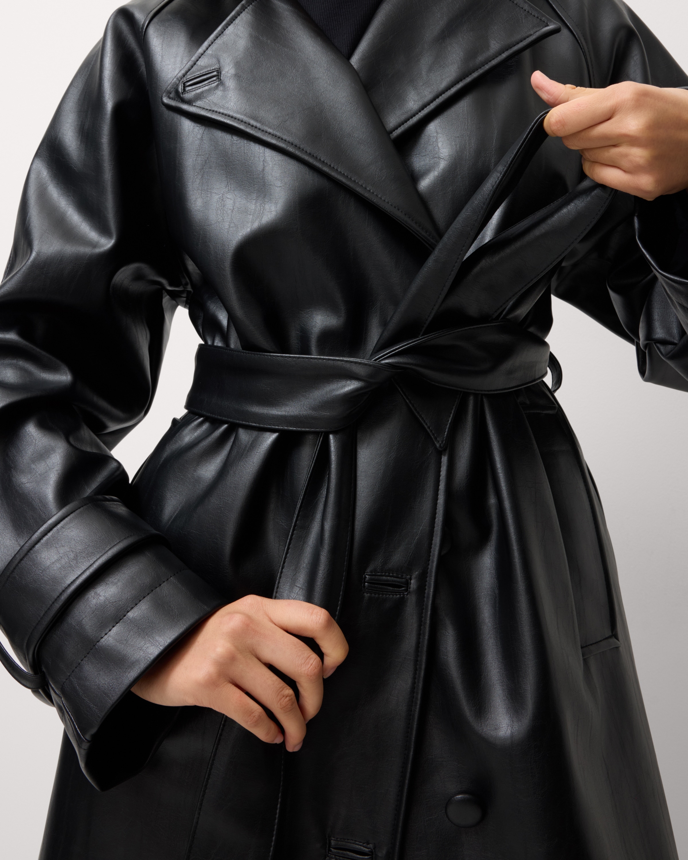 F&F Faux Leather Belted Trench Coat in Black, XS, Womens