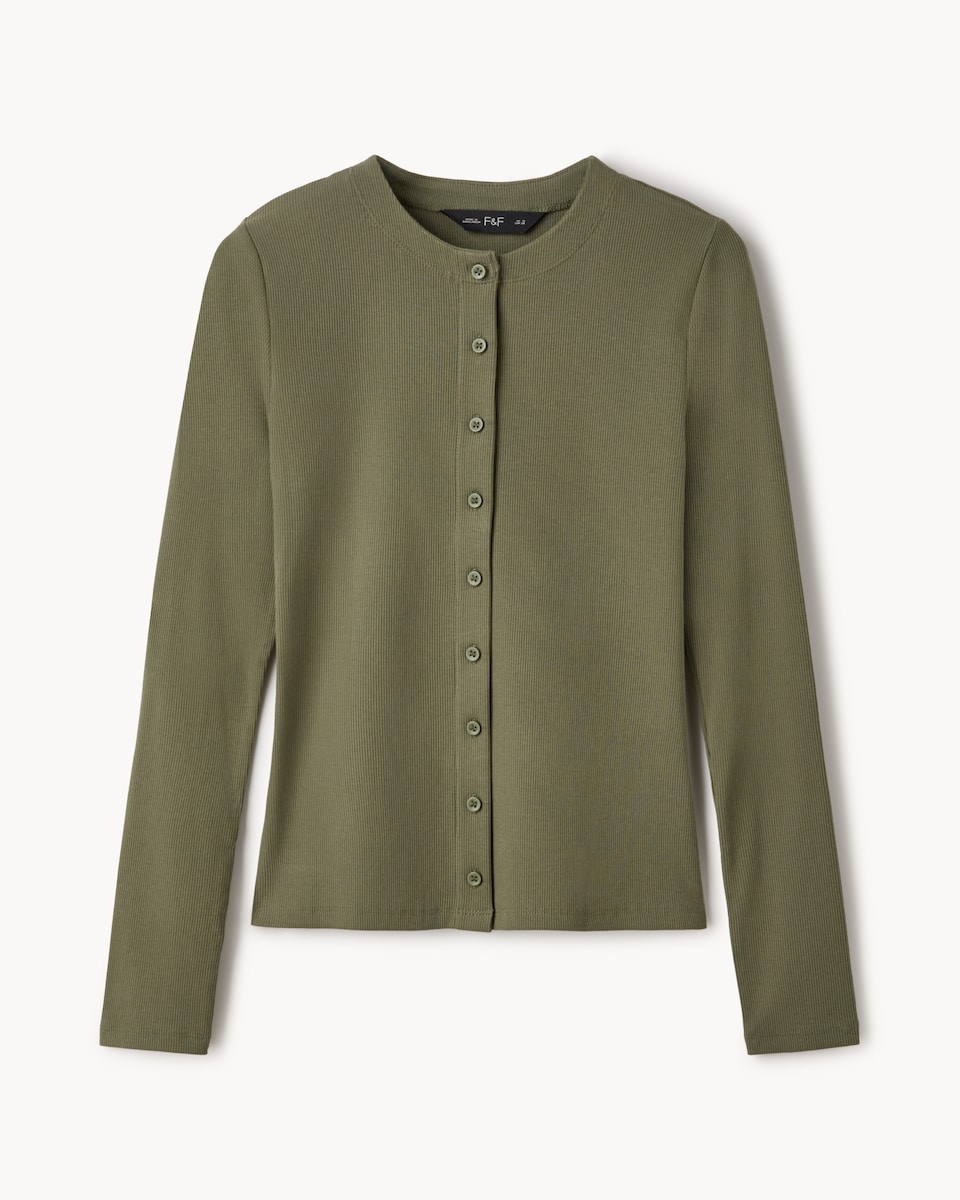 image 1 of F&F Cotton Rich Ribbed Button Up Top in Olive