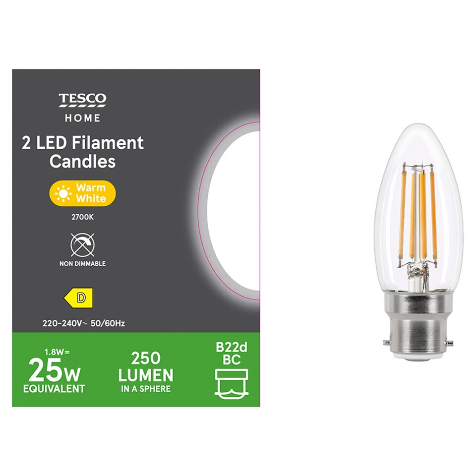 Tesco Led Filament Candle 25W Bayonet Cap 2 Pack