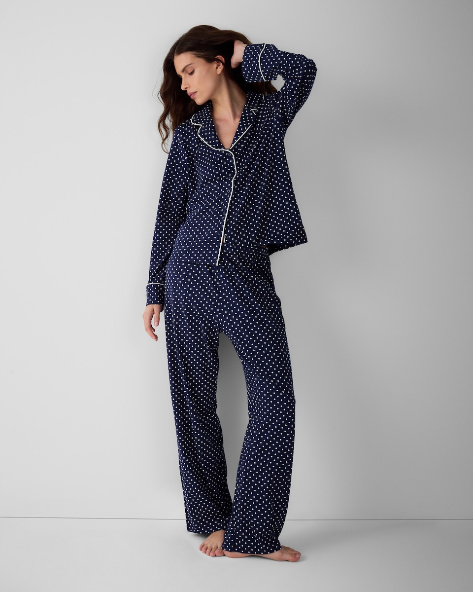 image 1 of F&F Pure Cotton Polka Dot Revere Pyjama Set in Navy