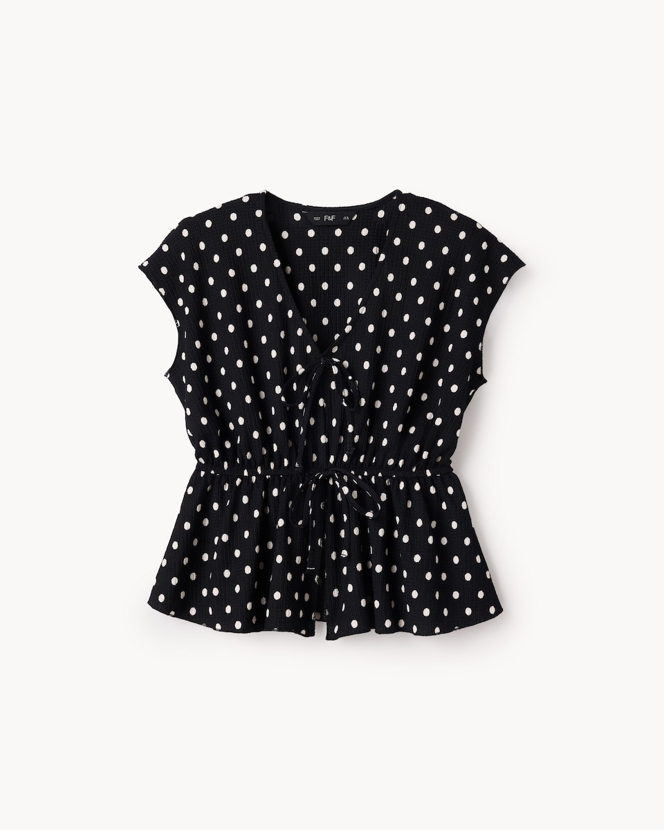 image 1 of F&F Polka Dot Tie Front Top in Multi Black