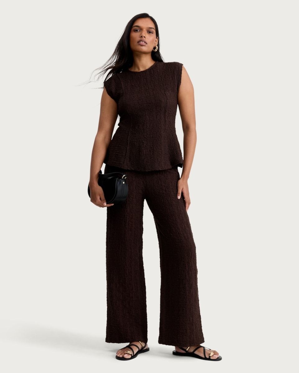 image 1 of F&F Cotton Rich Crinkle Textured Wide Leg Trousers in Chocolate