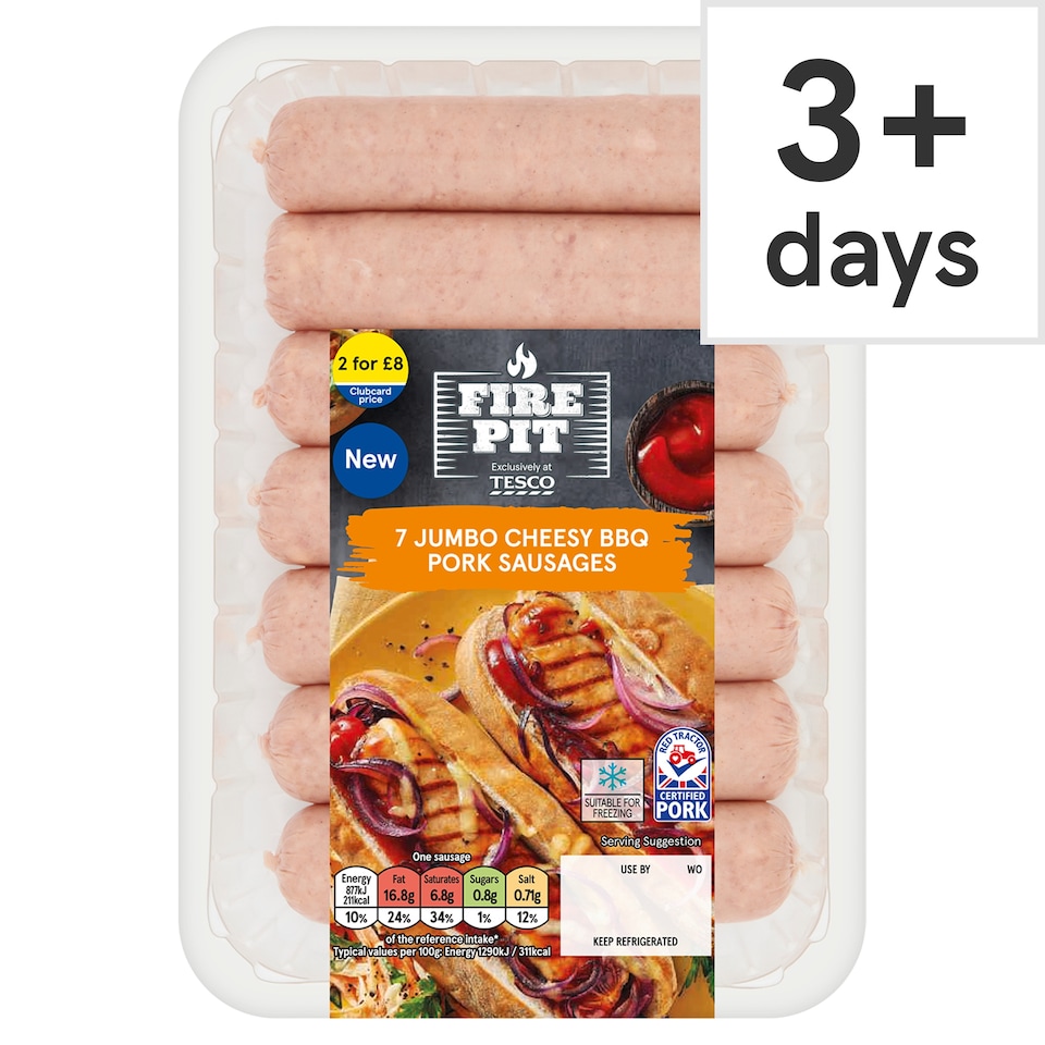 Tesco Fire Pit 7 Cheesy BBQ Pork Sausages 595g