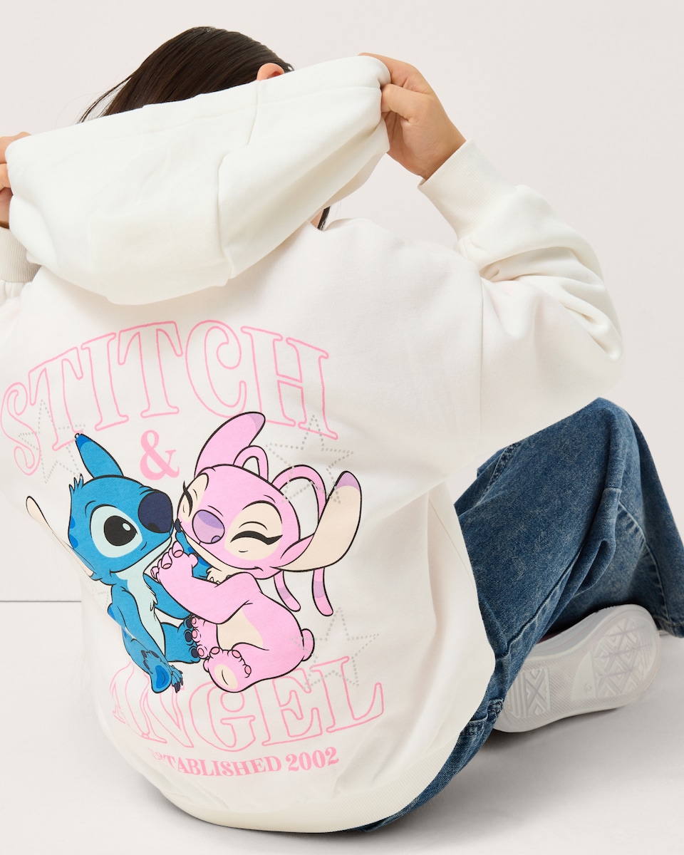image 1 of Disney Stitch Cotton Rich Hoodie in Cream