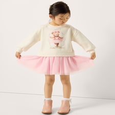 F&F Girls Cotton Rich Bear Ballerina Sweater Dress in Cream