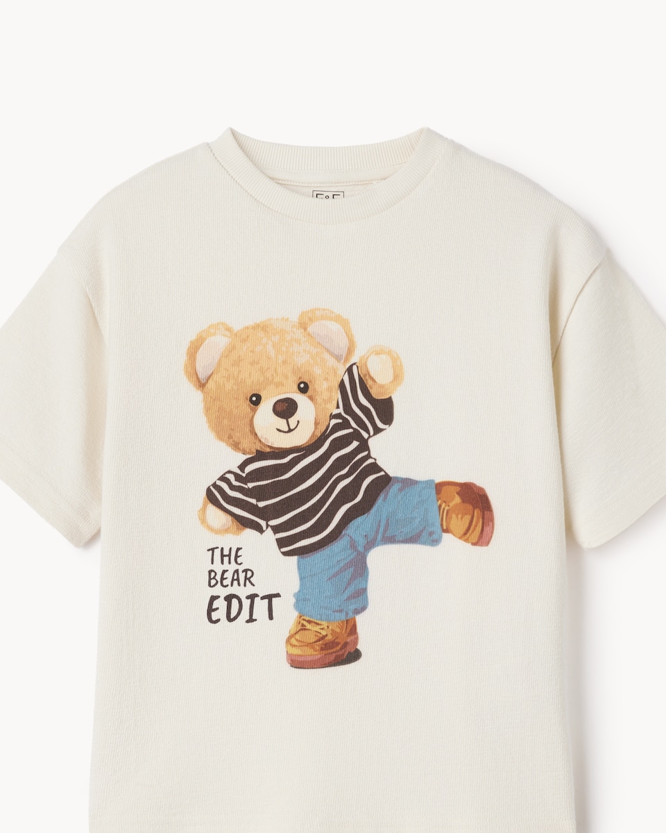 image 1 of F&F Boys Pure Cotton Bear T-Shirt in Cream