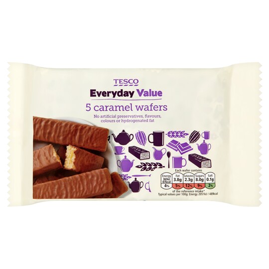 Tesco Everyday Value Caramel Wafer Biscuit 5 Pack 89G Tesco Groceries