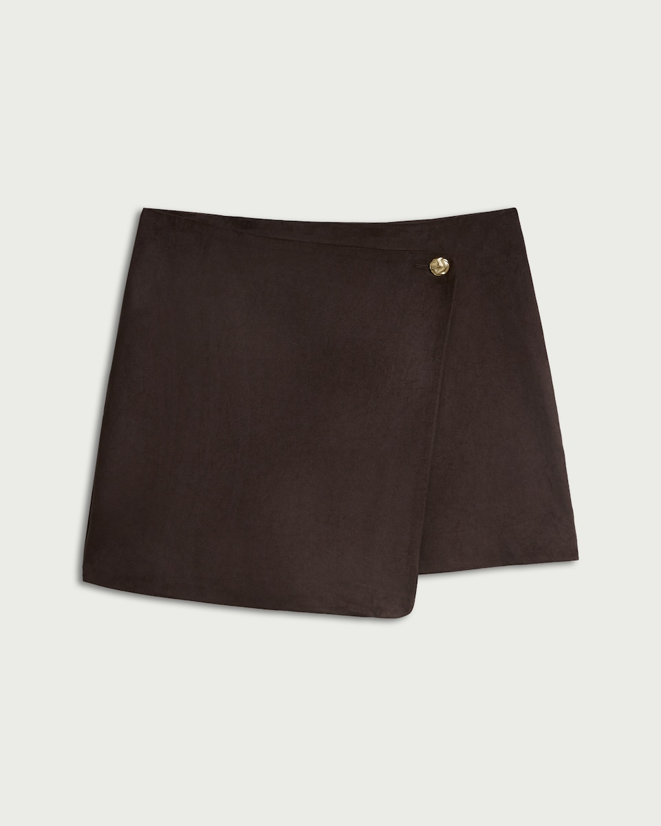 image 1 of F&F Faux Suede Wrap Mini Skirt in Chocolate