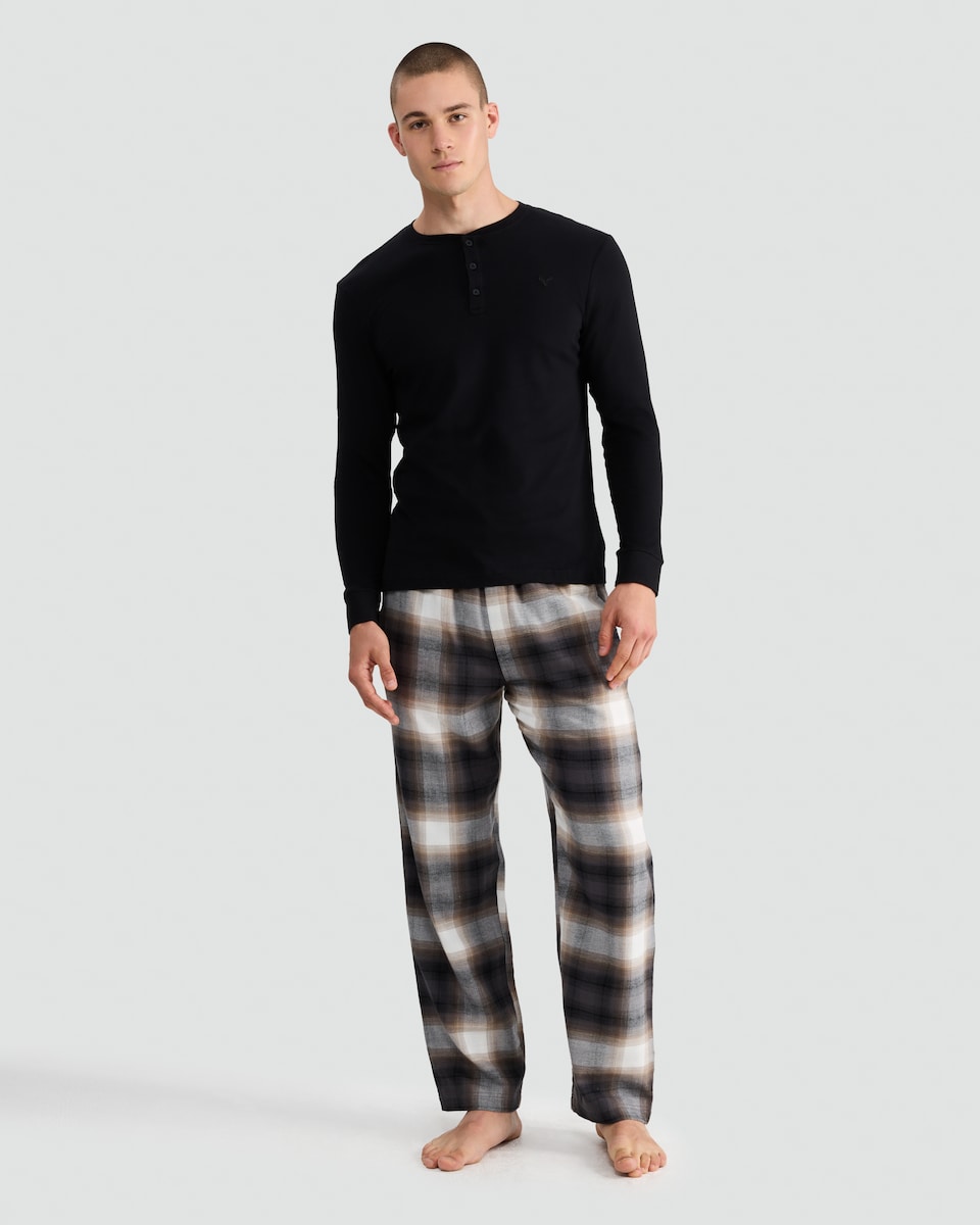 image 1 of F&F Pure Cotton Henley Top and Check Print Bottoms Pyjama Set in Multi