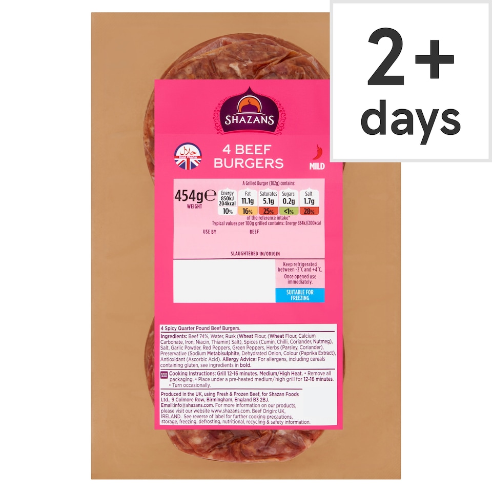 Shazans Halal Beef Burgers Quart Pounders 454G