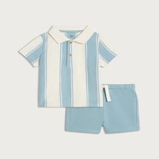 F&F Baby 2-Piece Textured Striped Polo Shirt and Shorts Set in Cream