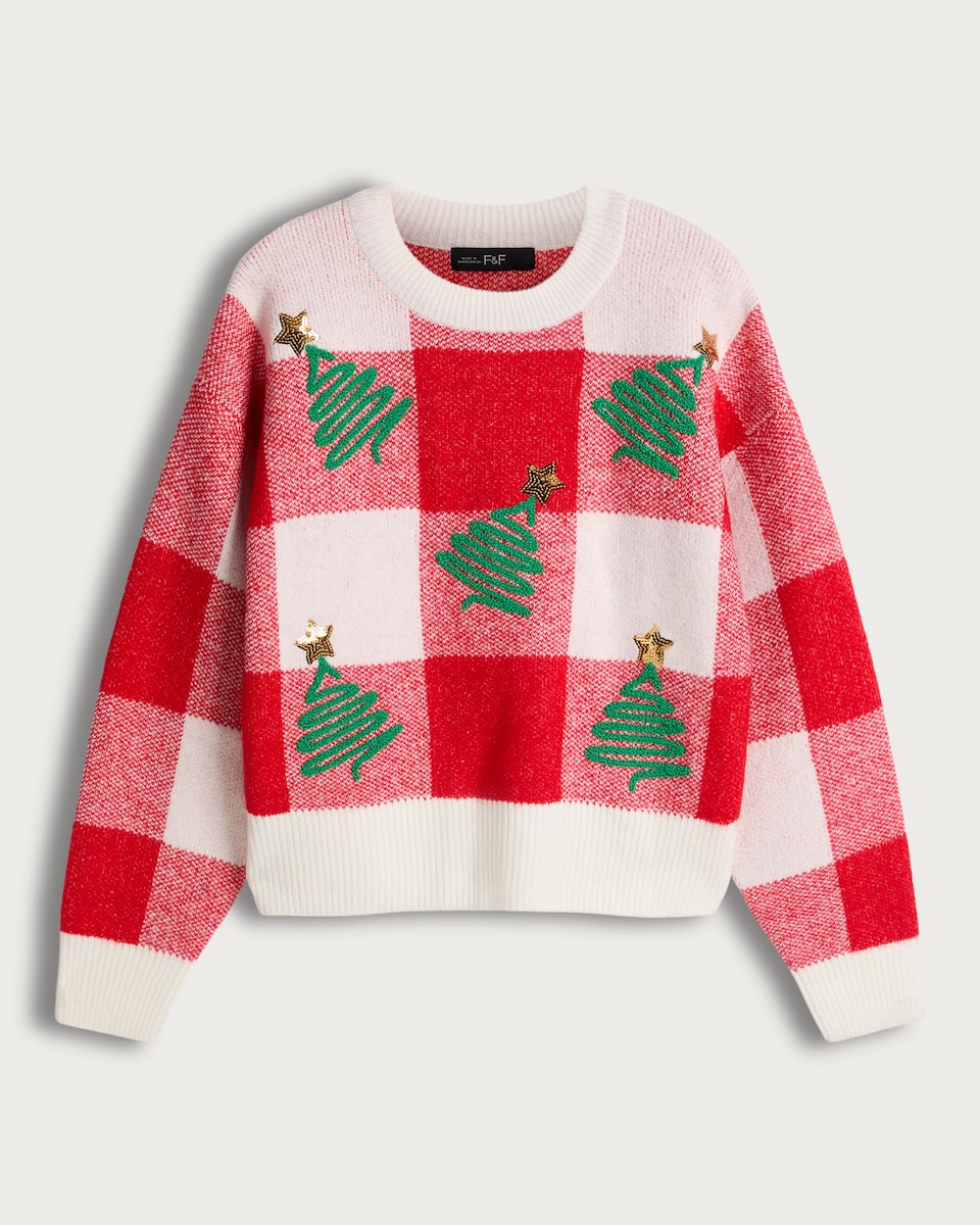 F&F Knitted Christmas Tree Print Jumper in Red