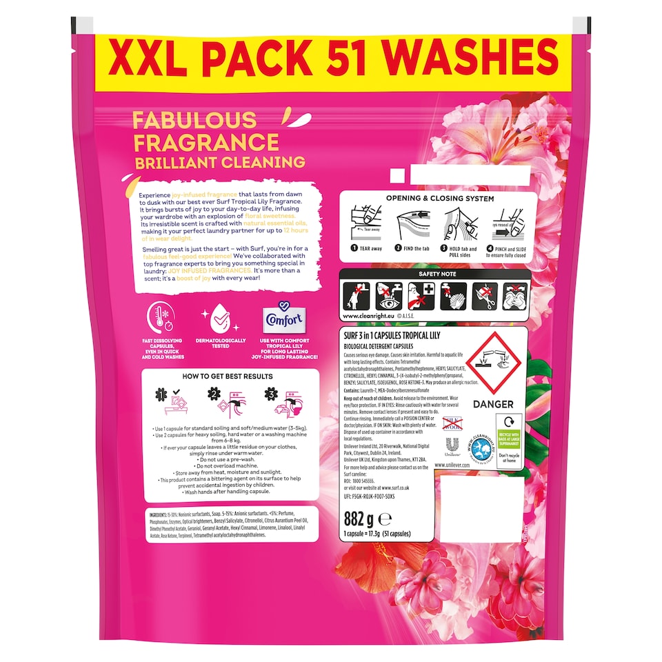 image 1 of Surf Tropical Lily Laundry Washing Capsules 51 Washes 882g