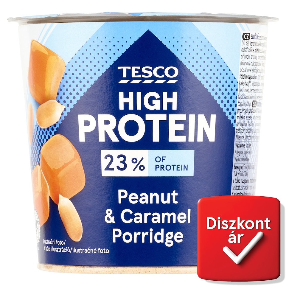 Tesco High Protein instant földimogyorós zabkása, pörkölt földimogyoró- és karamelldarabokkal 65 g