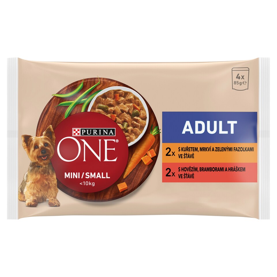 PURINA ONE MINI Dog Adult Kura a Hovädzie v šťave 4 x 85 g